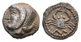 Celtas. Litra. 470-450 a.C. Marsella. (Lt-510). (Mau-203). Anv.: Cabeza de Apolo a izquierda. Rev.: Cangrejo. Ag. 1,02 g. Rara, aun mas con esta acuña...
