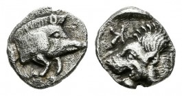 Misia. Kyzicos. Hemióbolo-Hemiobol. 480-450 a.C. (S-3850). Anv.: Cabeza de jabalí a derecha. Rev.: Cabeza de león a izquierda, encima K retrógrada, to...