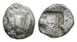 Misia. Kyzicos. Hemióbolo-Hemiobol. 480-450 a.C. (Gc-3850). Anv.: Medio jabalí a izquierda, detrás atún. Rev.: Medio león a izquierda. Ag. 0,40 g. Des...