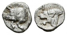 Misia. Kyzicos. Óbolo-Obol. 480-450 a.C. (Gc-3850). Anv.: Parte delantera de un jabalí a izquierda. Rev.: Cabeza rugiente de león a izquierda, encima ...