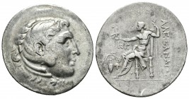 Imperio Macedonio. Alejandro III Magno. Tetradracma-Tetradrachm. 336-323 a.C. Temnos. (Müller-958). Anv.: Cabeza de Heracles a derecha recubierto con ...