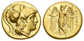 Imperio Macedonio. Filipo III. Estátera-Stater. 323-317 a.C. Sidon. (Price-P168). Anv.: Cabeza de Atenea a derecha, con casto corintio adornado de ser...