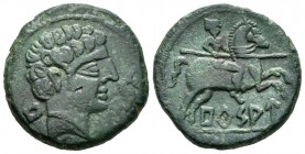 Bursau. aS. 120-80 a.C. Borja (Zaragoza). (Acip-1591). (C-4). (Abh-300). Anv.: Cabeza masculina a derecha, delante delfín y detrás signo BU. Rev.: Jin...