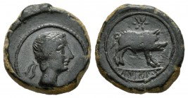 Kastilo-Castulo. Cuadrante. 180 a.C. Cazlona (Jaén). (Acip-2152). Anv.: Cabeza masculina con diadema a derecha. Rev.: Jabali a derecha, encima estrell...