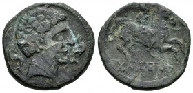 Tanusia. As. 120-20 a.C. Botija (Cáceres). (Acip-1618). (C-1). (Abh-893). Anv.: Cabeza masculina a derecha entre dos delfines. Rev.: Jinete con lanza ...