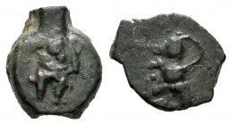 Ebusus. 1/8 calco. 300-200 a.C. Ibiza. (Abh-913). (Acip-706). (C-9). Ae. 1,03 g. Bes con martillo y serpiente. MBC+. Est...35,00.