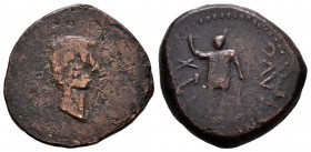 Ebusus. Semis. 37-41 d.C. Ibiza. (Abh-966). Anv.: Busto de ¿Calígula? a derecha. Rev.: Bes con serpiente y martillo. A izquierda leyenda neopúnica; a ...
