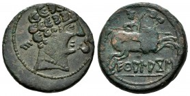 Ekualakos. As. 120-20 a.C. Zona de Soria-Guadalajara. (Acip-1849). (Abh-969 variante de busto). Anv.: Cabeza masculina a derecha, delante delfín y det...