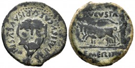 Emerita Augusta. As. 22 a.C.-14 d.C. Mérida (Badajoz). (Abh-1009). (Acip-373a). Anv.: Cabeza barbada de frente con ánfora delante, alrededor PERMISSV ...