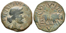 Emerita Augusta. As. (Abh-no cita). (Acip-no cita). Anv.: Cabeza femenina, detrás AVGVSTA. Rev.: Yunta con guía a derecha y leyenda PERM CAI AVG. Ae. ...