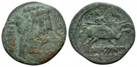 Ikesankom Kombouto. As. 120-20 a.C. Alcalá de Henares (Madrid). (Abh-1421). Anv.: Cabeza masculina a derecha, delante delfín, detrás leyenda ibércia K...