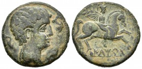 Iltirta. As. 220-200 a.C. Lérida. (Abh-1465). (Acip-1264). Anv.: Cabeza masculina a derecha rodeada de tres delfines. Rev.: Jinete a derecha con palma...