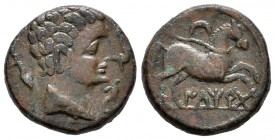 Iltirta. Semis. 220-200 a.C. Lérida. (Acip-1265). (C-7). (Abh-1472). Anv.: Cabeza masculina a derecha rodeada de tres delfines. Rev.: Caballo a derech...