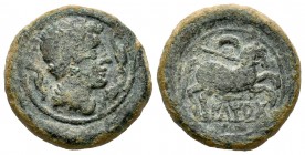Iltirta. Semis. 220-200 a.C. Lérida. (Abh-1467). Anv.: Cabeza masculina a derecha rodeada de tres delfines. Rev.: Caballo a derecha, debajo ILTIRTA so...