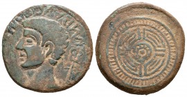 Luco Augusti. As. 27 a.C.-17 d.C. Lugo. (Abh-1703). (Acip-3302). Anv.: Cabeza de Agusto a izquierda, delante (palma) y detrás caduceo. Rev.: Rodela de...
