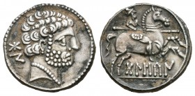 Bolskan. Denario-Denarius. 180-20 a.C. Huesca. (Abh-1911). (Acip-1422). (Cal-2). Anv.: Cabeza barbada a derecha, detrás BON. Rev.: Jinete lancero a de...