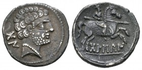 Bolskan. Denario-Denarius. 180-20 a.C. Huesca. (Abh-1911 variante). (Acip-1422 variante). (C-2 variante). Ag. 3,89 g. Con puntos a los lados de la X c...