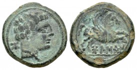 Bolskan. Semis. 120-80 a.C. Huesca. (Acip-1420). (Abh-1921). Anv.: Cabeza barbada a derecha, detrás BO. Rev.: Pegaso a derecha, debajo BOLSKAN. Ae. 5,...