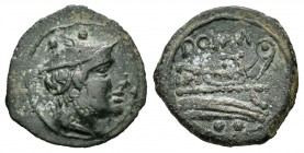 Anónima. Semiuncia. 217-215 a.C. (Sb-620). Anv.: Cabeza de Mercurio a derecha. Rev.: Proa a derecha, enciama ROMA. Ae. 1,72 g. MBC. Est...175,00.