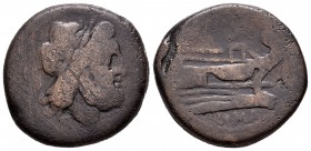 Anónima. Semis. 211-106 a.C. Roma. (Se-766). Anv.: Cabeza laureada de Saturno a derecha, detrás S. Rev.: Proa de nave a derecha, debajo ROMA, encima S...