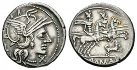 Antestia. Denario-Denarius. 146 a.C. Roma. (Ffc-147). (Craw-219/1). (Cal-125). Anv.: Cabeza de Roma a derecha, delante X, detrás C A(NTESTI). Rev.: Lo...