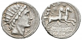 Aquillia. Denario-Denarius. 109-108 a.C. (Ffc-166). (Craw-303-1). (Cal-229). Anv.: Cabeza del Sol radiada a derecha, delante X. Rev.: Diana en biga a ...