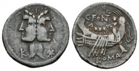Fonteia. Denario-Denarius. 114-113 d.C. Sur de Italia. (Ffc-713). (Craw-290-1). (Cal-585). Anv.: Cabeza bifronte de Jano entre K y estrella. Rev.: Gal...