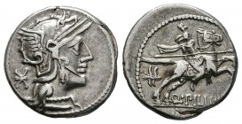Marcia. Denario-Denarius. 129 a.C. Roma. (Ffc-849). (Craw-259-1). (Cal-933). Anv.: Cabeza de Roma a derecha, detrás X. Rev.: Jinete con lanza a derech...