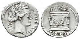 Scribonia. Denario-Denarius. 62 a.C. Roma. (Ffc-1101). (Craw-416/1b). (Cal-1247). Anv.:  Cabeza diademanda de Bonus Eventus a derecha, LIB(O) BON EVEN...