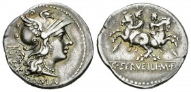 Servilia. Denario-Denarius. 136 a.C. Italia Central. (Ffc-1116). (Craw-239/1). (Cal-1275). Anv.: Cabeza de Roma a derecha, detrás corona y debajo X RO...