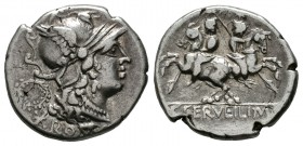 Servilia. Denario-Denarius. 136 a.C. Italia Central. (Ffc-1116). (Craw-239/1). (Cal-1275). Anv.: Cabeza de Roma a derecha, dretrás corona, debajo X RO...