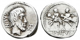 Tituria. Denario-Denarius. 89 a.C. Roma. (Ffc-1153). (Craw-344/1c). (Cal-1311). Anv.: Cabeza del rey Tatius a derecha, delante TA, detrás SABIN. Rev.:...