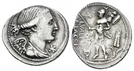 Valeria. Denario-Denarius. 108-107 a.C. Sur de Italia. (Ffc-1165). (Craw-306/1). (Cal-1322). Anv.: Busto alado de Victoria a derecha, delante X. Rev.:...
