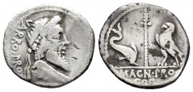 Pompeyo Magno. Denario-Denarius. 49 a.C. Hispania. (Ffc-4). (Craw-447/1a). (Cal-1298). Anv.: Busto diademado y barbado de Júpiter Terminalis a derecha...