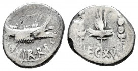 Marco Antonio. Denario-Denarius. 32-31 a.C. Ceca volante. (Ffc-51). (Craw-544/31). (Cal-199). Anv.: (ANT AVG) III VIR RPC. Galera pretoriana a derecha...