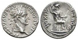 Tiberio. Denario-Denarius. 16 d.C. Lugdunum. (Spink-1763). (Ric-26). Rev.: PONTIF MAXIM. Figura femenina sentada a derecha con cetro y rama. Ag. 3,41 ...