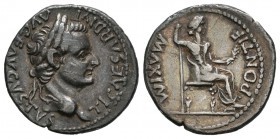 Tiberio. Denario-Denarius. 16 d.C. Lugdunum. (Spink-1763). Rev.: PONTIF MAXIM. Figura femenina sentada a derecha con cetro y rama. Ag. 3,63 g. MBC+. E...