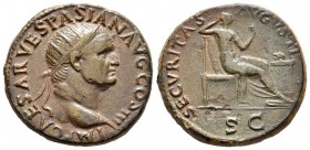 Vespasiano. Dupondio-Dupondius. 71 a.C. Roma. (Ric-479 variante). (Ch-507). Rev.: SECVRITAS AVGVSTI SC. La Seguridad sentada a derecha frente a un alt...