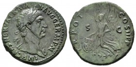 Trajano. As. 100 d.C. Roma. (Spink-3242). (Ric-417). Anv.: IMP CAES NERVA TRAIAN AVG GERM P M. Cabeza laureada de Trajano a derecha. Rev.: TR POT COS ...