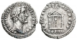 Antonino Pío. Denario. 158-159 d.C. Roma. (Spink-4107). (Ric-290a). (Seaby-804). Rev.: TEMPLVM DIV AVG REST, en exergo COS IIII. Templo. Ag. 3,17 g. M...