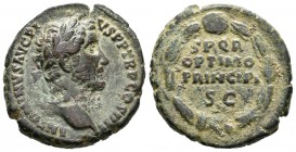 Antonino Pío. As. 147 d.C. Roma. (Spink-4314). (Ric-827a). Rev.: SPQR / OPTIMO / PRINCIPI / SC, dentro de láurea. Ae. 13,37 g. Escasa. MBC+. Est...275...