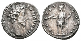 Marco Aurelio. Denario-Denarius. 156-157 d.C. Roma. (Spink-4793). (Ric-473). Rev.: TR POT XI COS II. Virtud de pie a izquierda con parazonium y lanza....