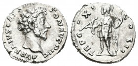 Marco Aurelio. Denario-Denarius. 156-157 d.C. Roma. (Spink-4793). (Ric-473). Rev.: TR POT XI COS II. Virtud de pie a izquierda con parazonio y lanza ....