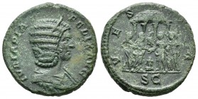 Julia Domna. Dupondio-Dupondius. 214 d.C. Roma. (Spink-7137). (Ric-607). Rev.: VESTA S C. Sacrificio delante del tempo de Vesta. Ae. 9,51 g. Rara. MBC...