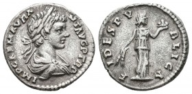 Caracalla. Denario-Denarius. 198 d.C. Roma. (Spink-6801). (Ric-24a). (Se-82). Rev.: FIDES PVBLICA. Fides en pie a izquierda con mazorcas de maíz y ban...