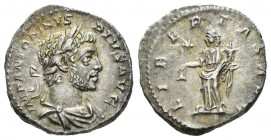 Eliogábalo. Denario-Denarius. 220-21 d.C. Roma. (Spink-7523). (Ric-108). Rev.: LIBERTAS AVG. Libertad en pie a izquierda con pileus y cuerno de la abu...