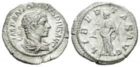 Eliogábalo. Denario-Denarius. 220-21 d.C. Roma. (Spink-7523). (Ric-107). Rev.: LIBERTAS AVG. Libertas en pie a izquierda con pileus y barra, en el cam...