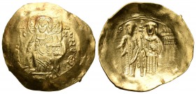 Juan II. Hyperpyron. 1118-1143 d.C. Tesalónica. (BC-1949). Anv.: Cristo entronizado de frente. Rev.: Juan II en pie de frente, coronado por la Virgen....