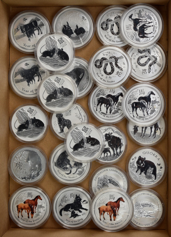 Australien: Elizabeth II. 1952-2022: 25 x 1 OZ mit Tiermotiven. Dabei 14 Münzen ...