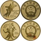 China - Volksrepublik: Set 2 Goldmünzen Olympische Spiele 1992, dabei: 100 Yuan 1990 Basketball / Sommerspiele Barcelona (KM# 304, Rotflecken), sowie ...